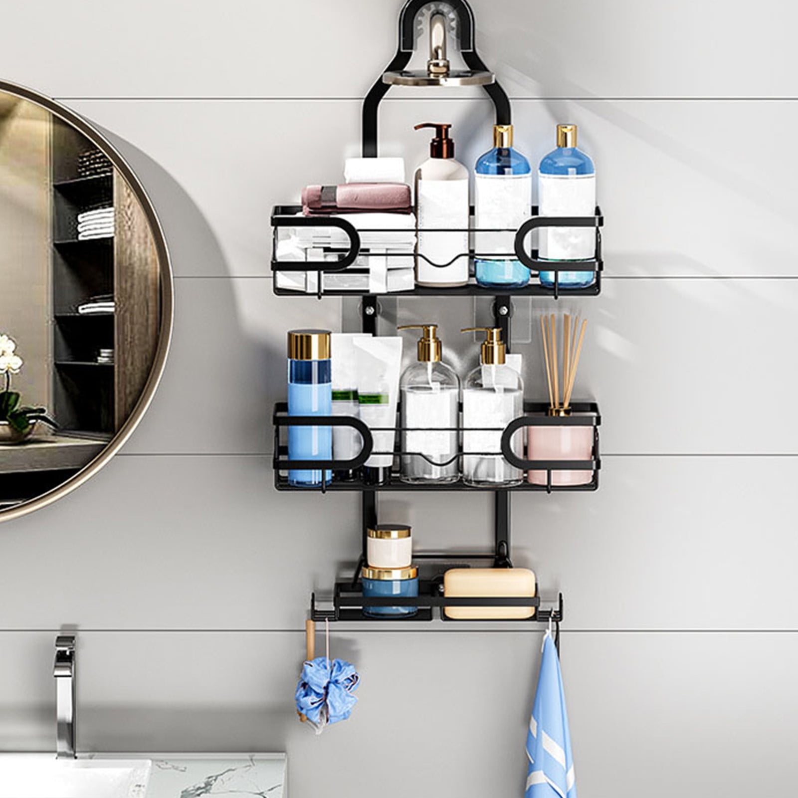 Bathroom Shower Caddy Hanging,Shower Organizer Hanging 3-Tier with Soap Holder, Shower Caddy over Shower Head Fits Shower Head Arm