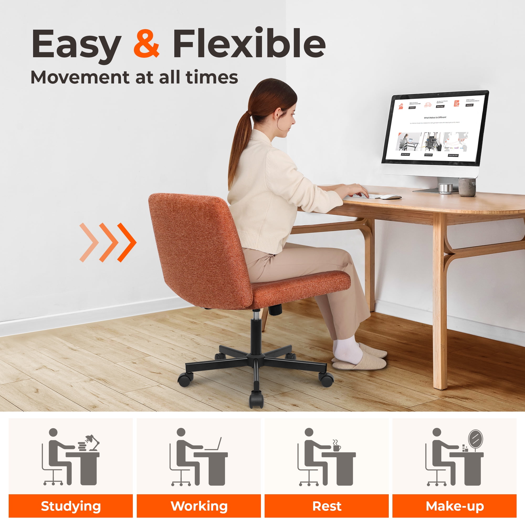 NEO CHAIR Criss Cross Legged Office Desk Vanity Armless Chair with Wheels Swivel, Brown