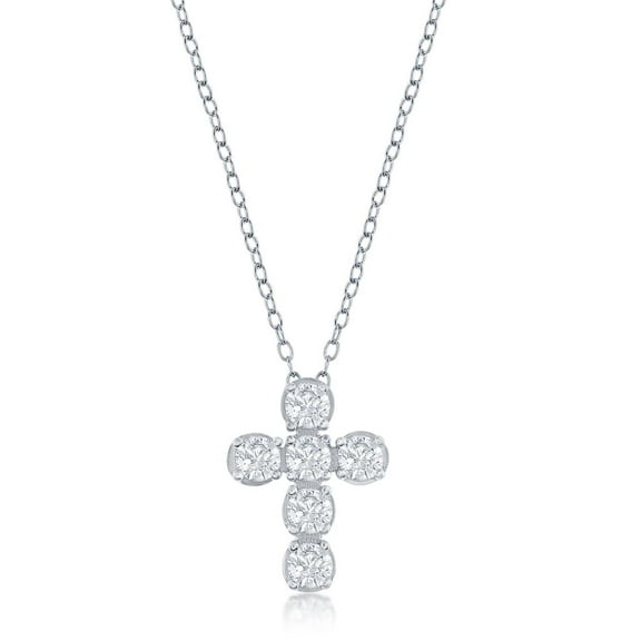 Beaux Bijoux Cross with Round Simulated Diamond CZ 16 2” Necklace Sterling Silver Jewelry for Women or Teens