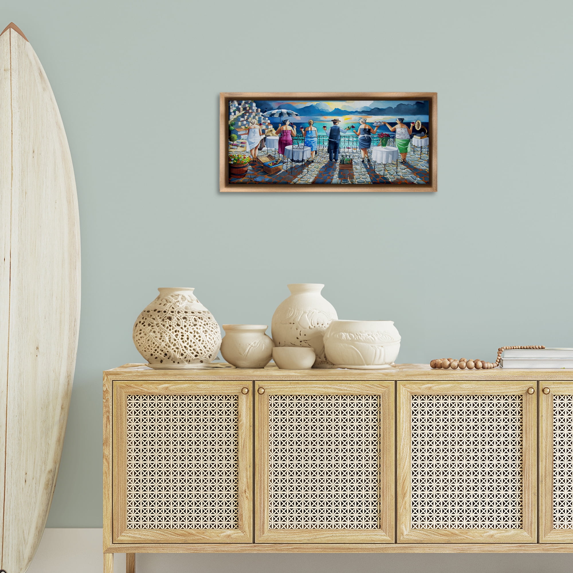 Stupell Industries Villa Sunset View People Painting Brown Floater Framed Canvas Art Print Wall Art, 31 x 14