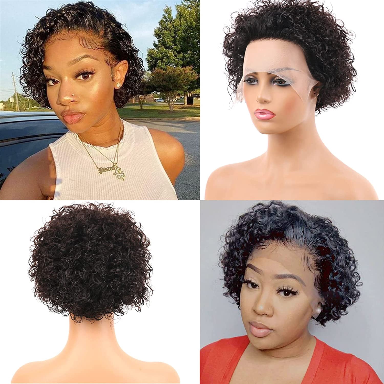 Short Pixie Cut Wigs for Women 13x1 Lace Front Human Hair Wigs Remy Brazilian Curly Wigs Natural Black 6 Inch 150% Density Tight Curls