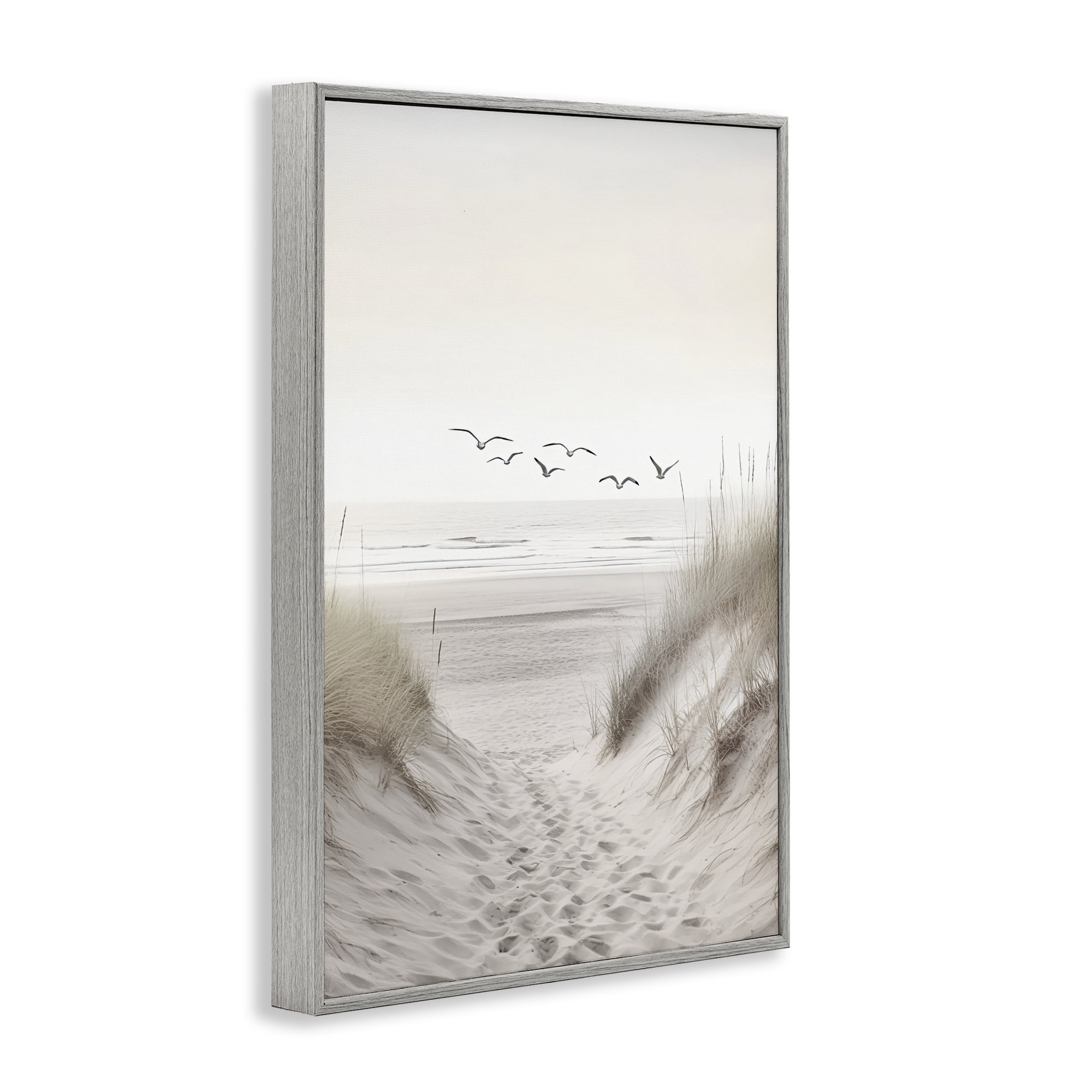 Seagulls over Sandy Footprints Gray Framed Giclee Art, design by Decent Exposures