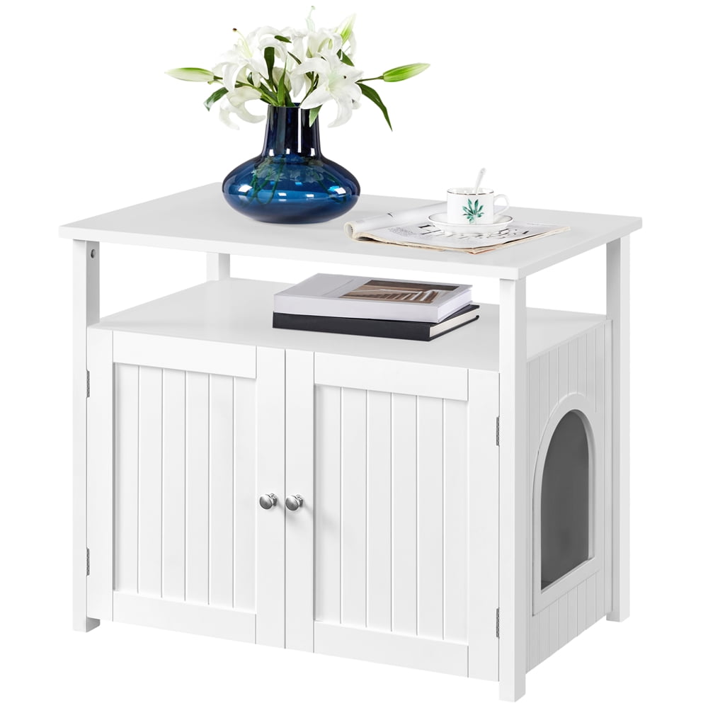 Easyfashion Cat Litter Box End Table with Storage Shelf, White