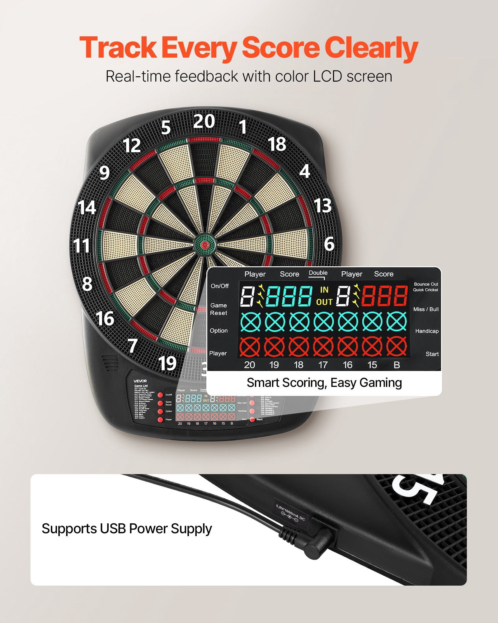 Electronic Dart Board 13.5 Inch Target Dartboard with 43 Games 200 Variations for 8 Players 6 Darts with Flights 50 Soft Tips Color LCD Scoring Screen for Home Party Game Room