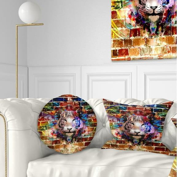 Designart Tiger over Abstract Brick Design - Abstract Throw Pillow - 12x20