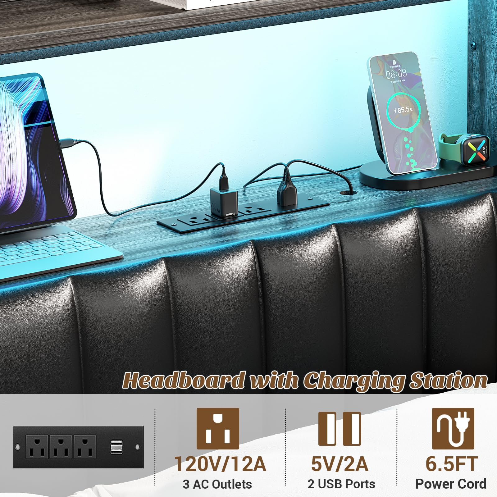Aheaplus Full Headboard with Drawer Storage and RGB LED Light, Full Size Upholstered Headboard with Charging Station and Bookcase, for Bedroom/Dorm Room/Guest Room, Black Oak