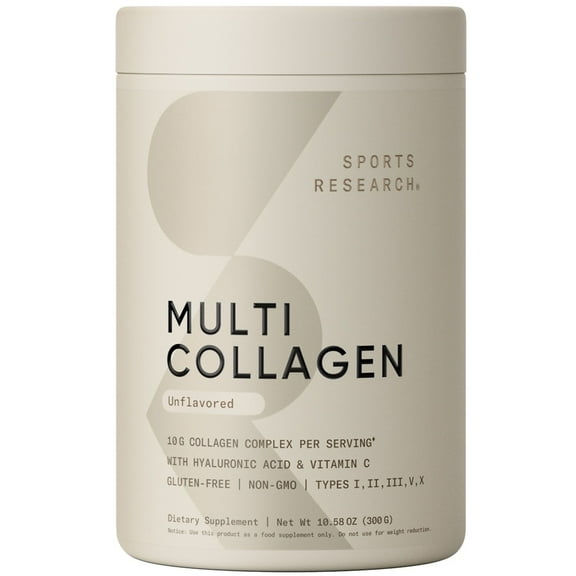 Sports Research® Multi Collagen Protein Powder (Type I, II, III, V, X) + Hyaluronic Acid + Vit. C (30 Servings)