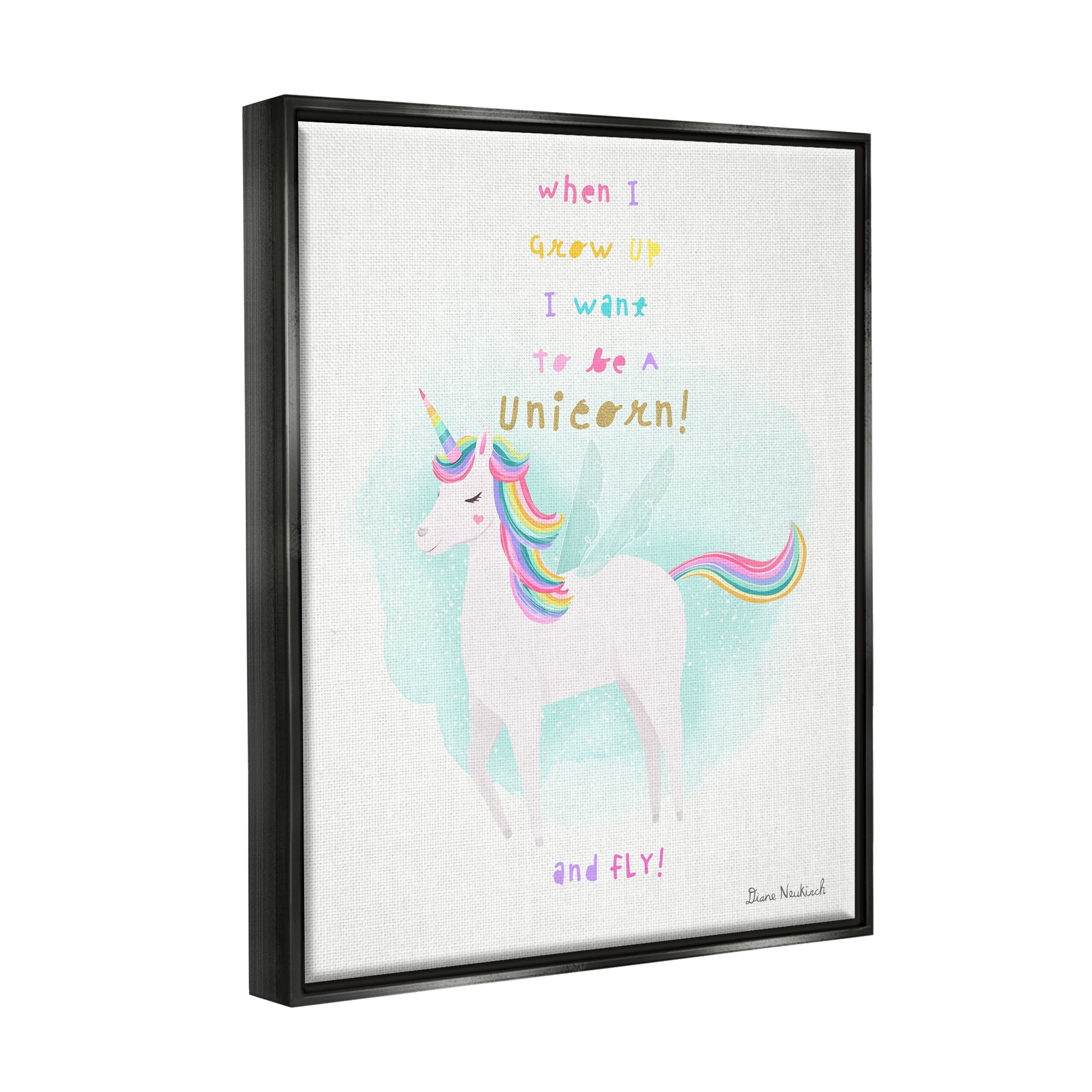 Stupell Industries Inspiring Unicorn Quote Mythical Fantasy Rainbow Design Graphic Art Metallic Gold Floating Framed Canvas Print Wall Art, Design by Diane Neukirch