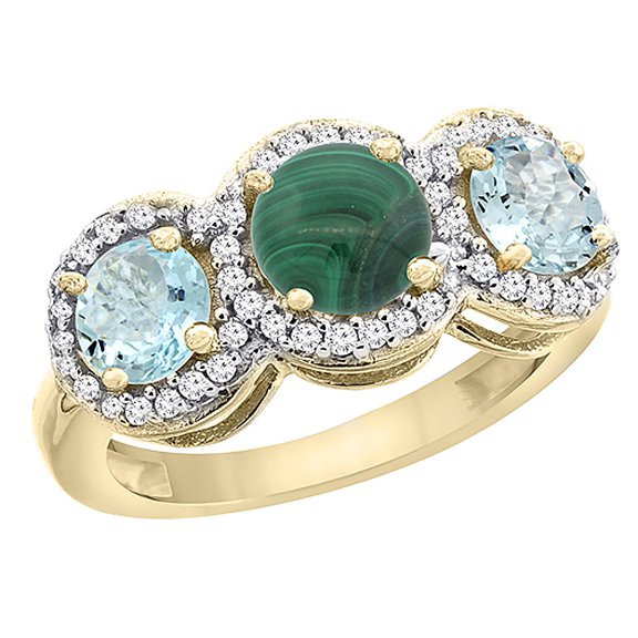 14K Yellow Gold Natural Malachite & Aquamarine Sides Round 3-stone Ring Diamond Accents, size 5.5