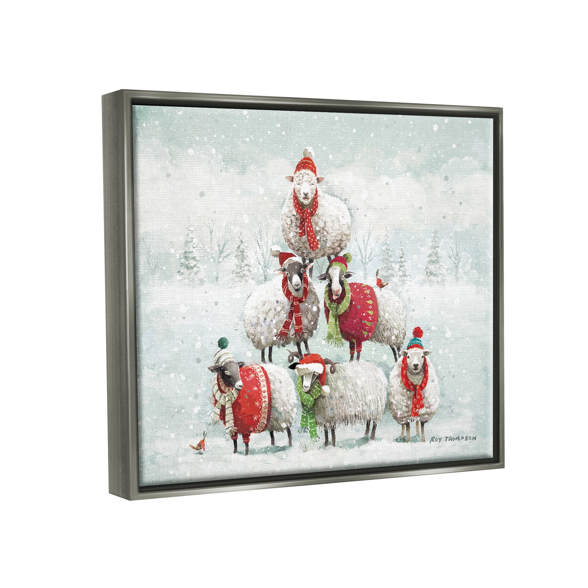 Stupell Industries Winter Sheep Snowy Farm Animals Holiday Painting Gray Floater Framed Art Print Wall Art