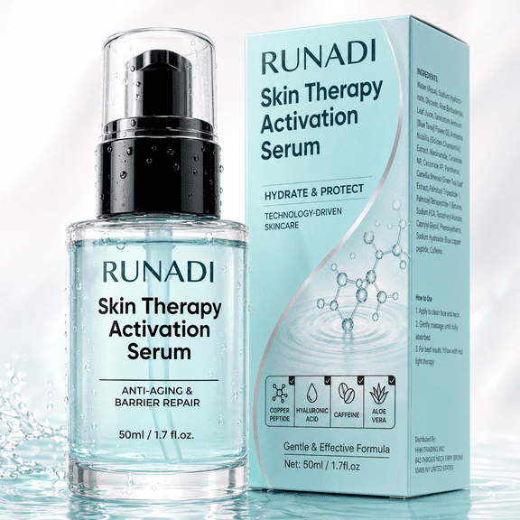 Red Light Therapy Activation Serum for Face and Neck, Blue Peptide Serum with Hyaluronic Acid, Aloe Vera, Caffeine, Niacinamide & Ceramides, Lightweight Hydrating Serum, 1 Count