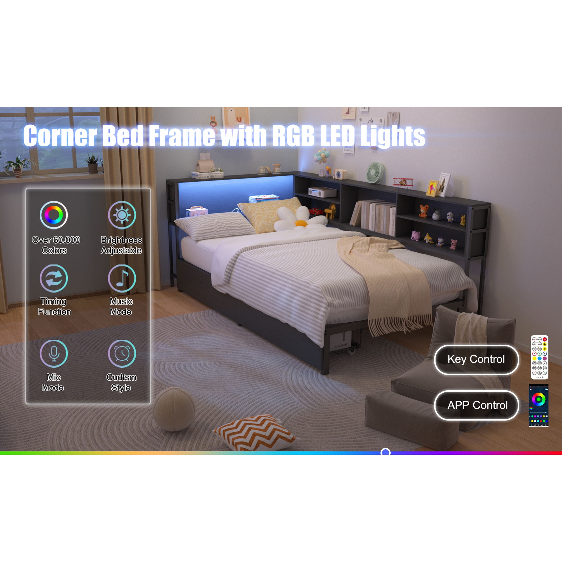 Noble House Arlais Full Corner Daybed with Bookcase Headboard, Storage Drawers, LED Light & Charging Station, Black