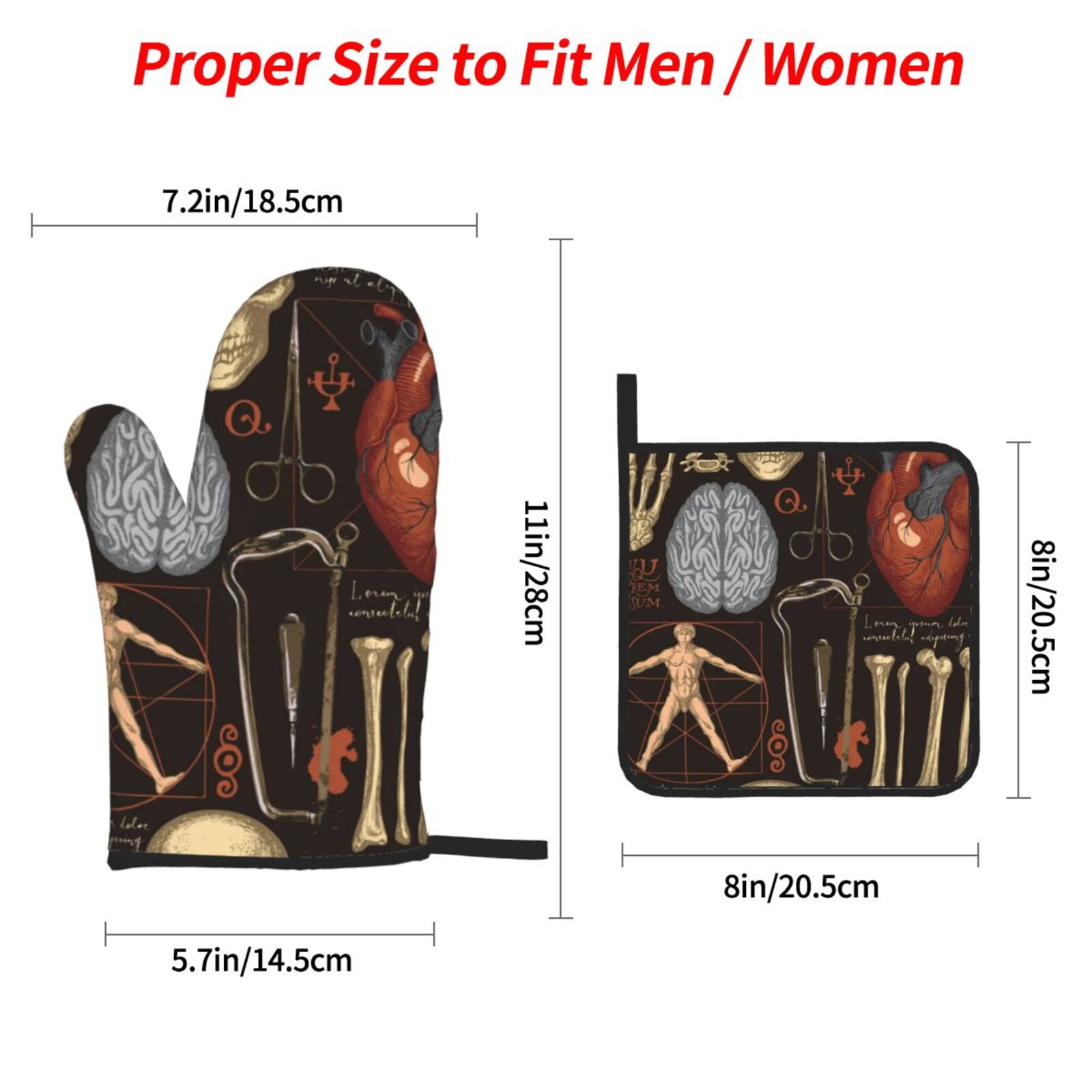 Retro Bones Organs Skull 4Pcs Oven Mitts and Pot Holders Sets Oven Kitchen Gloves Hot Pads for Cooking BBQ Baking Grilling