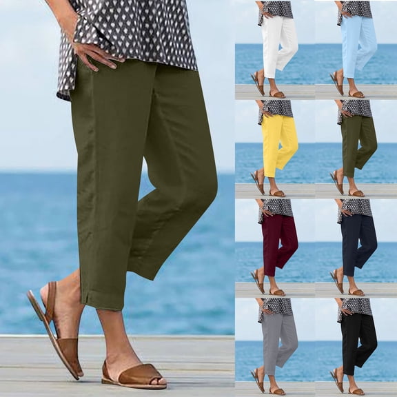 Dazajoo Cropped Straight Leg Pants for Women Elastic Waist Linen Pants with Pockets Lightweight Solid Color Summer Pants,Yellow,L