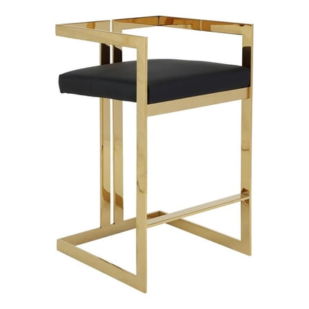 Pemberly Row 27.5" Stainless Steel & Faux Leather Bar Stool in Black/Gold