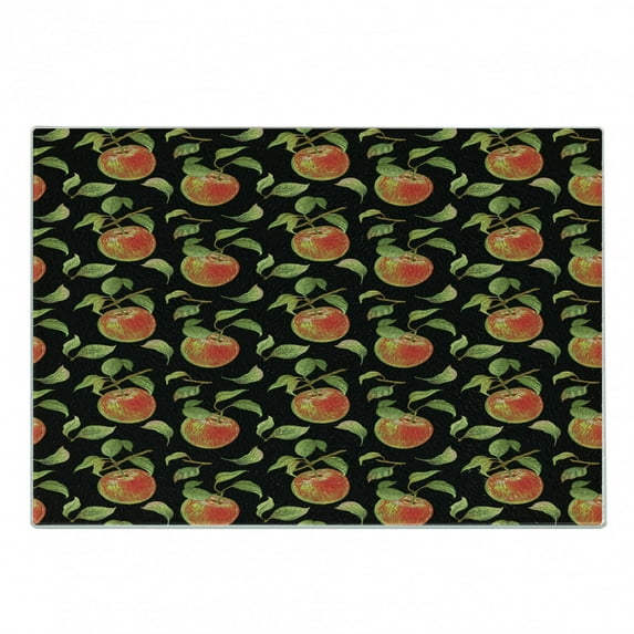Fruits Cutting Board, Hand Drawn Detailed Illustration of Branches of Apple Trees with, Decorative Tempered Glass Cutting and Serving Board, Small Size, Fern Green Red Black, by Ambesonne