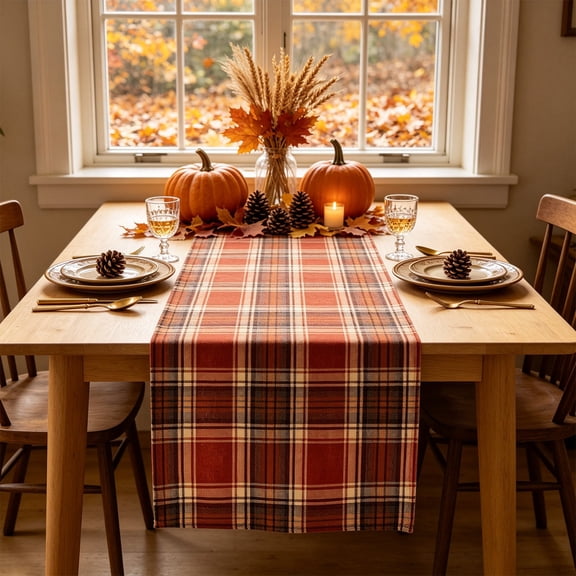 ShengapQ Fall Plaid Table Runner, Polyester Table Decor, Thanksgiving Dining Table Decoration, Durable and Easy Care for Home, Festive Table Accessory, 72×13in