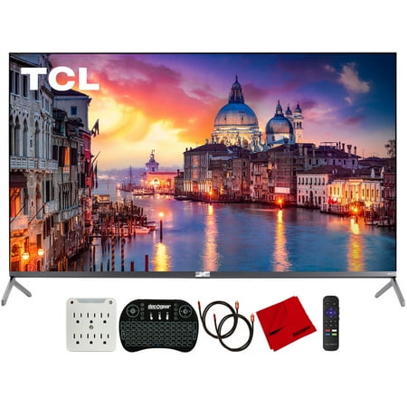 TCL 65R625 65-inch 6-Series 4K QLED UHD HDR Roku R625 Smart TV (2019) Bundle with 2x Deco Gear HDMI Cable, Wireless Keyboard, Microfiber Cleaning Cloth and 6-Outlet Surge Adapter with Night Light
