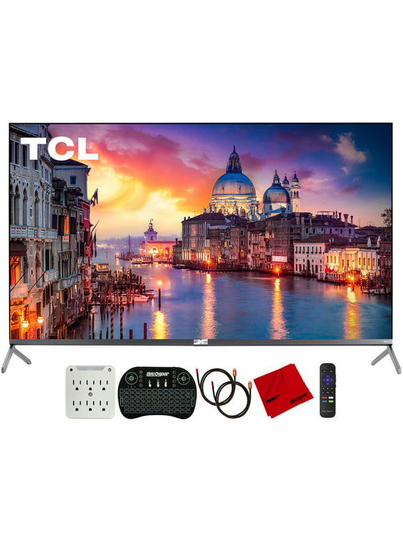 TCL 65R625 65-inch 6-Series 4K QLED UHD HDR Roku R625 Smart TV (2019) Bundle with 2x Deco Gear HDMI Cable, Wireless Keyboard, Microfiber Cleaning Cloth and 6-Outlet Surge Adapter with Night Light