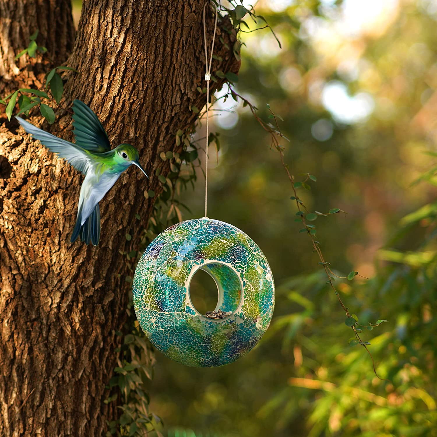 Topadorn Mosaic Glass Hanging Bird Feeder, 9 Inch, Fly-Through Design for Cardinals, Finches & Wild Birds, Blue and Green, Garden Yard Decoration
