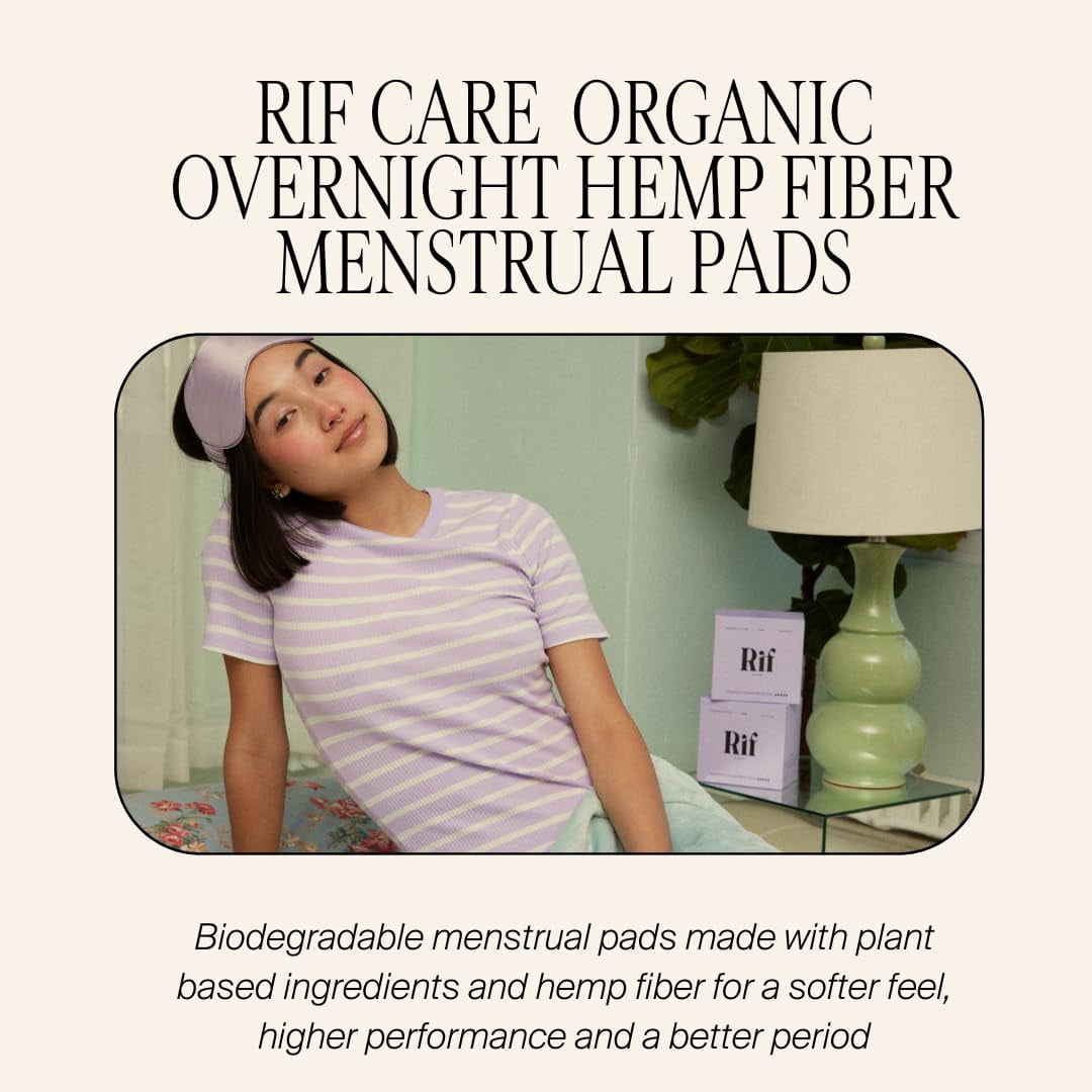 Rif Care Organic Menstrual Pads Feminine Hygiene Hemp Fiber Biodegradable with Wings, Overnight Super Absorbency Pads, 10 Count, 3 Pack, (30 Pads Total)