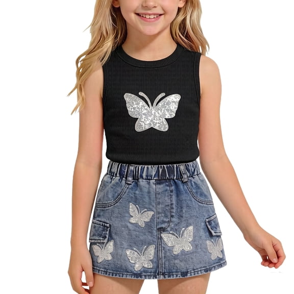 Amidoa Girls 2 Piece Outfits Summer Clothes Cute Floral Print Sleeveless Tank Top Solid Color T-Shirt and Casual Shorts Kids Clothing Sets Black Size 3T