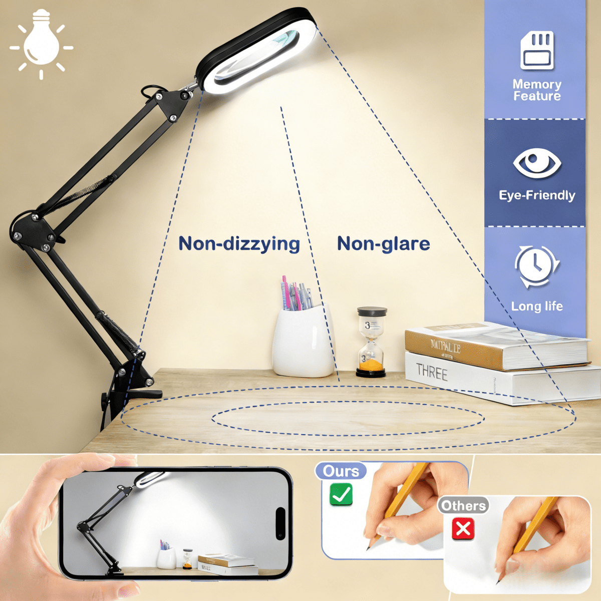 Veemagni Square Magnifying Glass with Light and Stand - Real Glass LED Magnifier with Clamp, 5 Color Modes Stepless Dimmable Hands-Free Desk Lamp for Reading Craft Hobby Close Work - Black