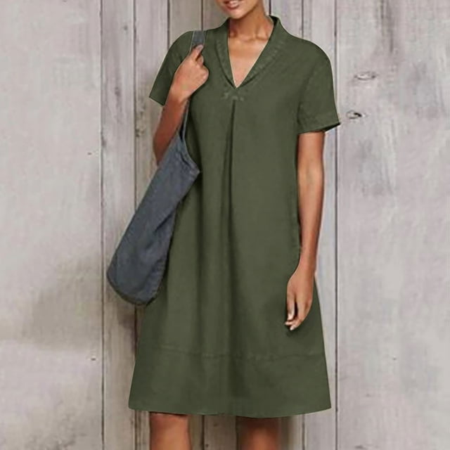 Gspmoly Robes pour Femmes, Robes d'Été Décontractées pour Femmes à Col Rabattu Unies à Manches Courtes, Robes de Soirée pour Femmes jusqu'à 65 % de Rabais
