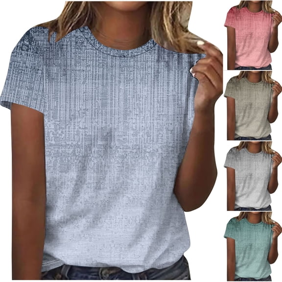 Brondbend Women Shirt Top for Women Trendy Crewneck Short Sleeved Print Blouse Comfortable Loose Fit Lady Tops Vacation Spring Summer Clothes Blue