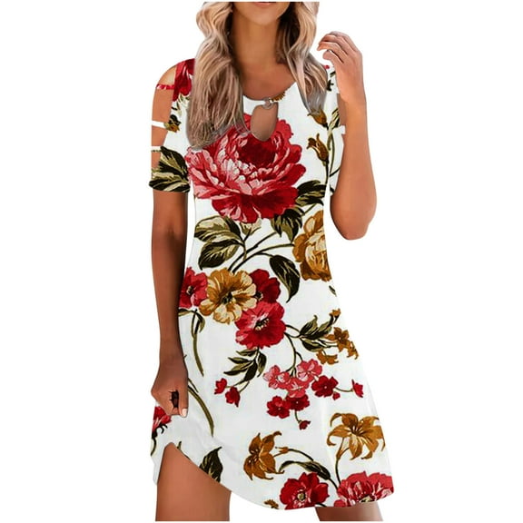 Summer Dresses for Women Cold Shoulder Short Sleeve Tunic Dress Crewneck Keyhole Boho Printing Casual Beach Sundress