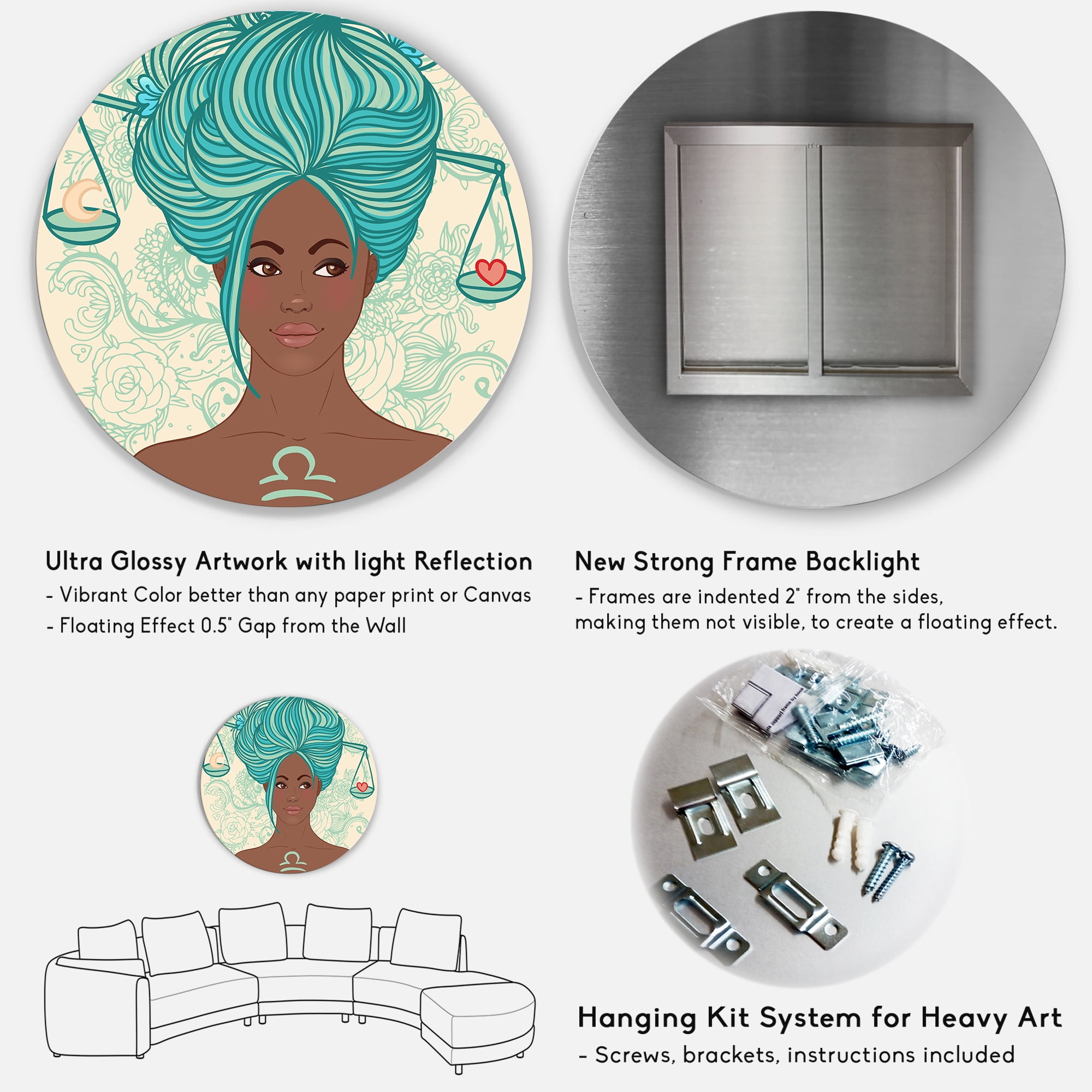 Designart 'Portrait of African American Woman With Blue Hair I' Modern Circle Metal Wall Art 23x23 - Disc of 23