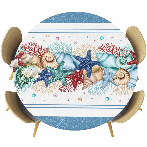 Green Starfish Summer Round Tablecloth, Fitted Table Cover with Elastic for 45"-54" Round Tables, Ocean Coral Conch Blue Shells Table Cloth Outdoor Indoor Dinning Party Waterproof Tablecloths