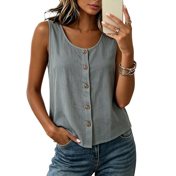 Levmjia Women's Sleeveless Button Down Tank Top Solid Color Crew Neck Casual Summer Blouse Loose Fit U Neck Button Up Shirt