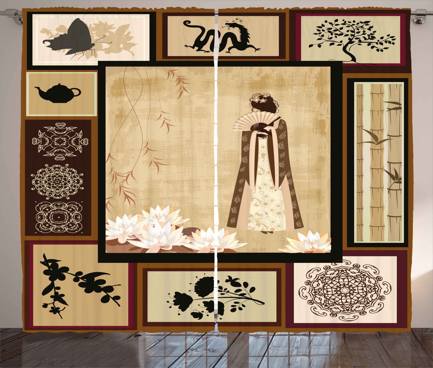 Japanese Curtains 2 Panels Set, Girl in Traditional Dress and Cultural