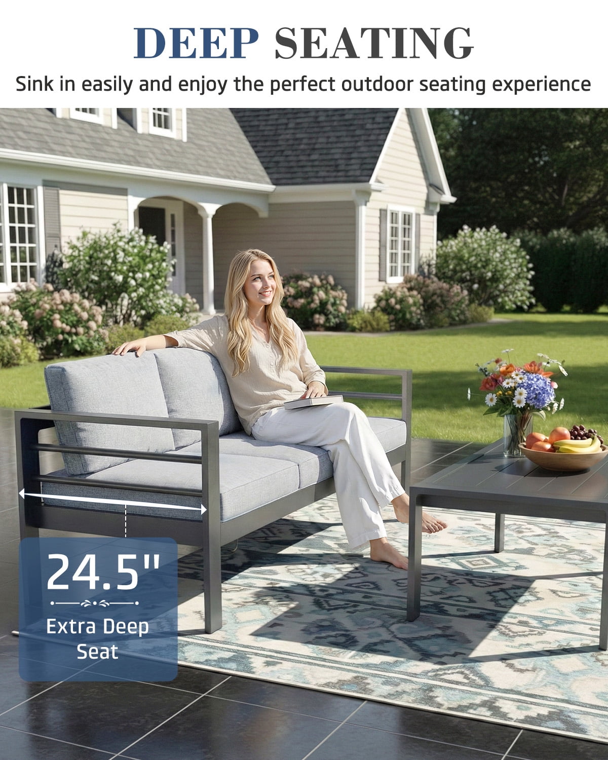 AECOJOY Aluminum Patio Furniture Sets,4 Pieces Outdoor Metal Conversation Sectional Sofa with Coffee Table, Grey