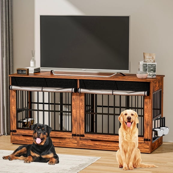 78" Double Dog Crate Furniture with Divider, Swivel Bowls for 2 Dogs and Extra Large Breed