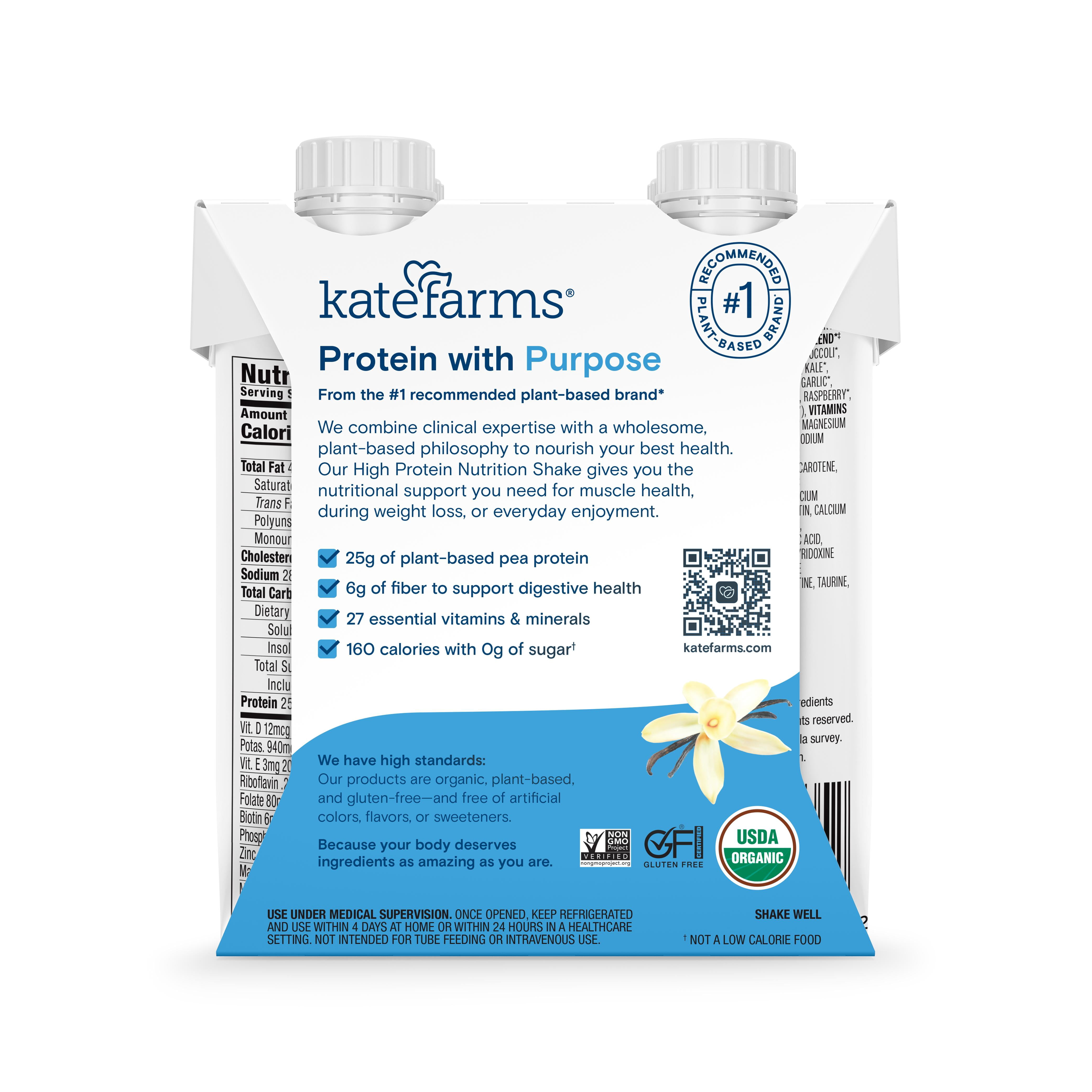 Kate Farms High Protein Nutrition Shake Vanilla, 4-pack 11oz