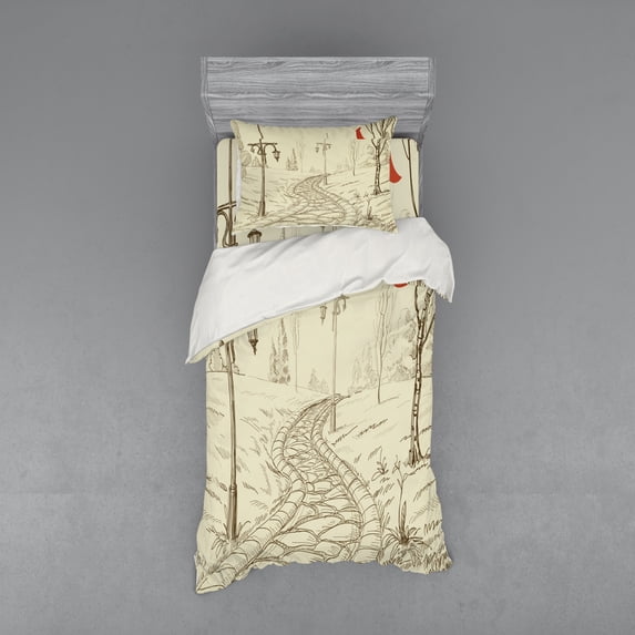 Ambesonne Sketch Bedding Set 3 Pcs, Park Alley Night Time Area, Twin, Beige and Red
