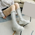 thumbnail image 4 of Viluyesy Womens Tall Boots, PU Leather Lace Up Thick Sole Fashion Knee High Riding Boots White, 4 of 6