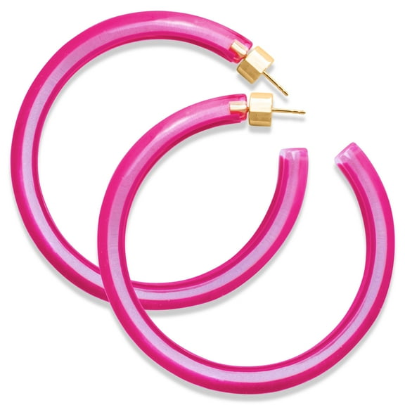 Gold Plated Sterling Silver Clear Lucite / Neon Pink 60MM Large Open Hoop Earrings - Triangular Edge