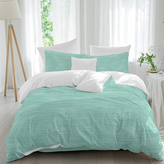 Mint Green Twin Duvet Cover Set, Teal Green Solid Color Linen Weave Texture Coastal 4 Piece Microfiber Bedding Set with Zipper Closure, Bed Sheet and 2 Pillow Shams, Soft Bedding Cover