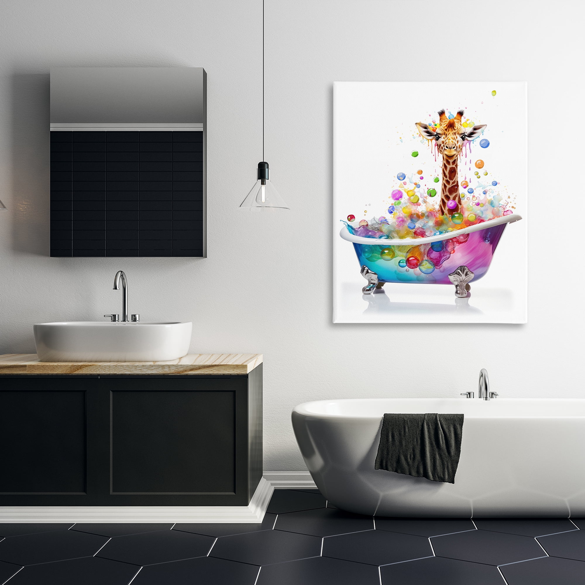 Stupell Industries Rainbow Bubble Bath Giraffe Bath & Laundry Painting Wrapped Canvas Art Print Wall Art, 36 x 48