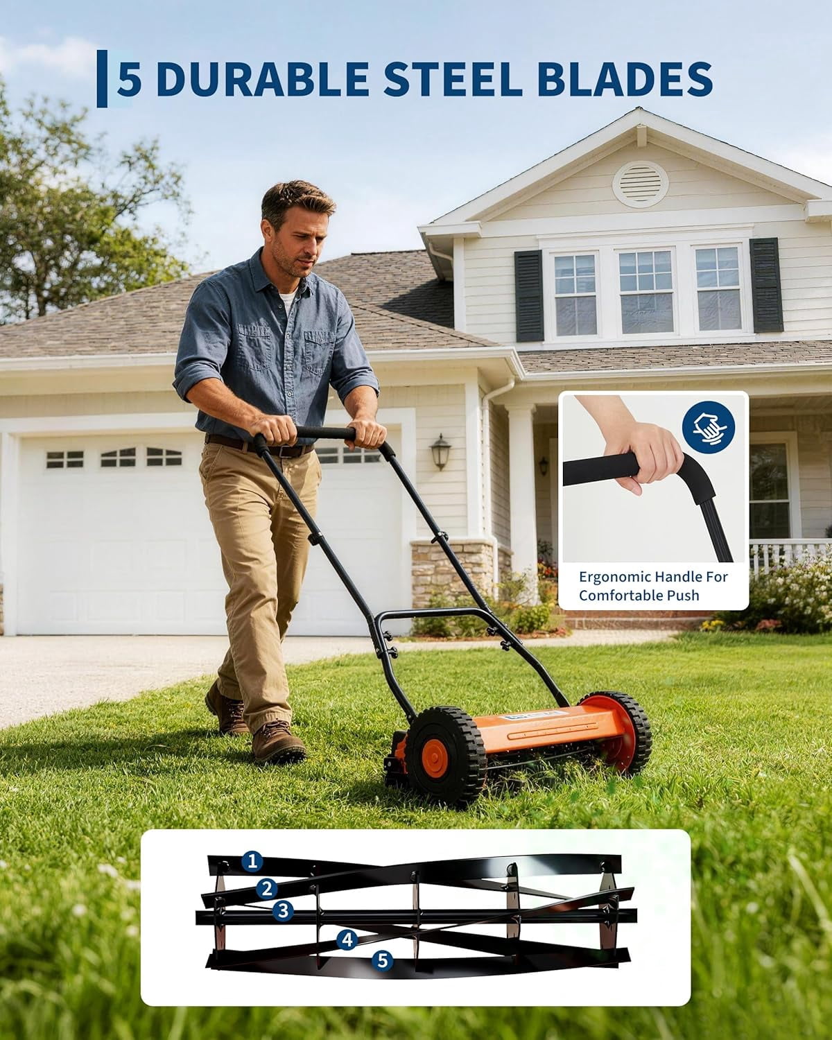 14in Push Reel Lawn Mower 5-Blade Manual Walk-Behind Mower Adjustable Cutting Height Compact Quiet for Small Yards and Easy Lawn Care