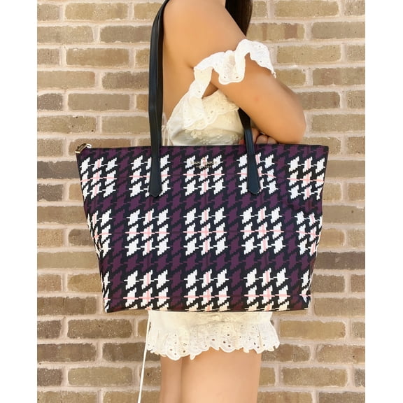 Kate Spade Kitt Better Nylon Large Top Zip Tote Houndstooth Purple Multi