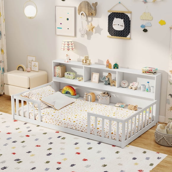 Costway Twin Size Montessori Floor Bed with Bookcase Storage Shelves & Safety Fence Rails White