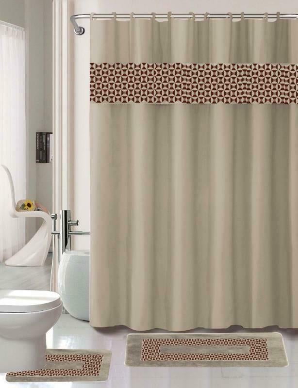New Modern 4Pc Bathroom Complete Bathmat Shower Curtain SET Hooks Rugs 