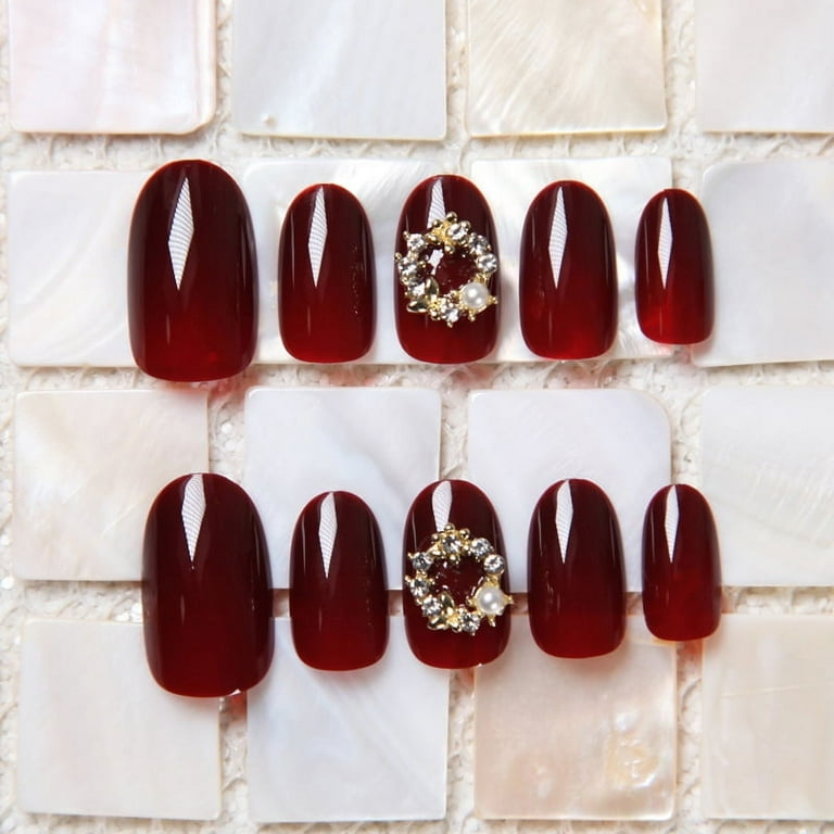 Wine Red Glitter Diamond Fake Nail Long Coffin Press on Nails for