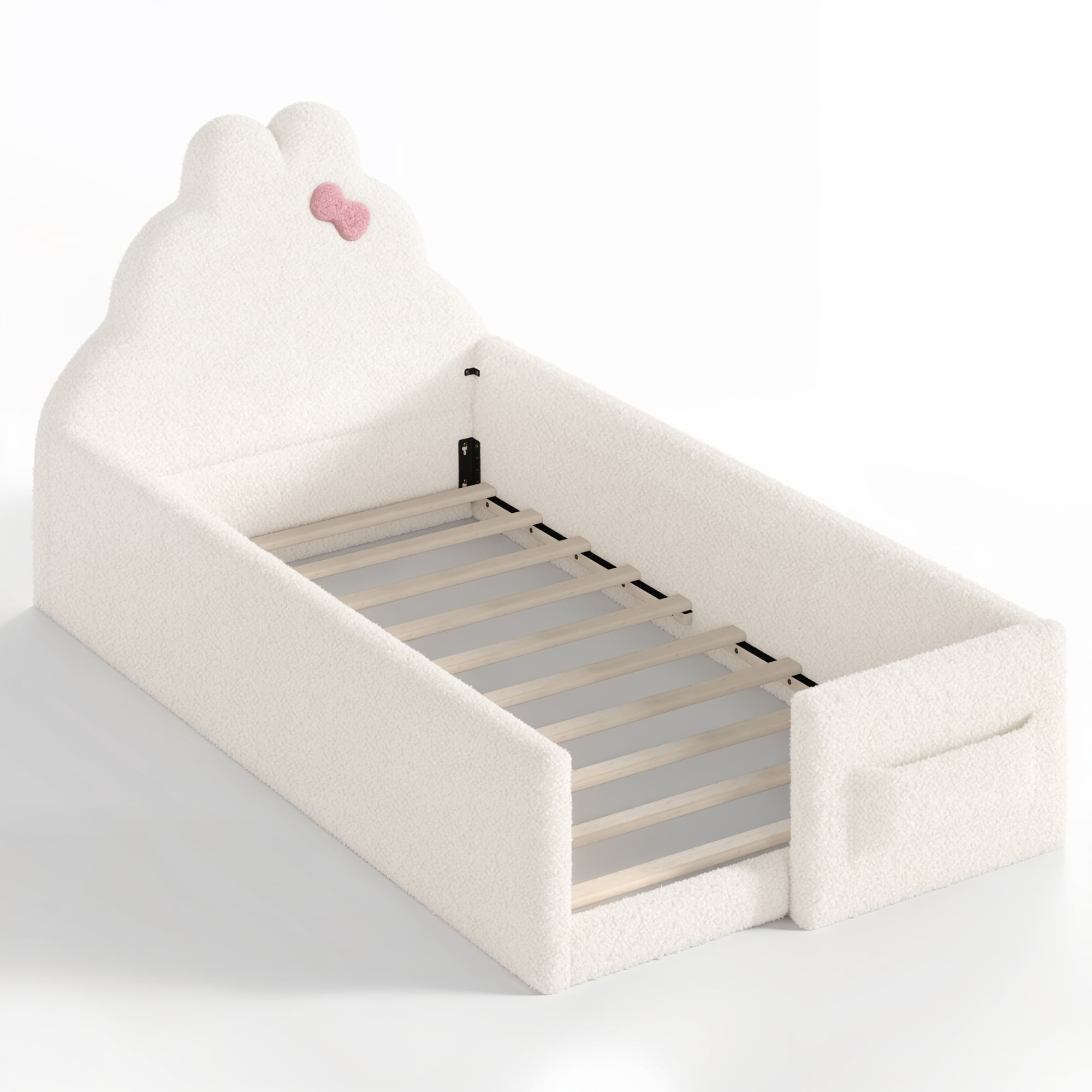 HOQBN Twin Size Upholstered Floor Bed Frame, Soft Padded Upholstered Kids Bed, Safe Children Bed Frame with Side Storage Pocket for Bedroom Beige