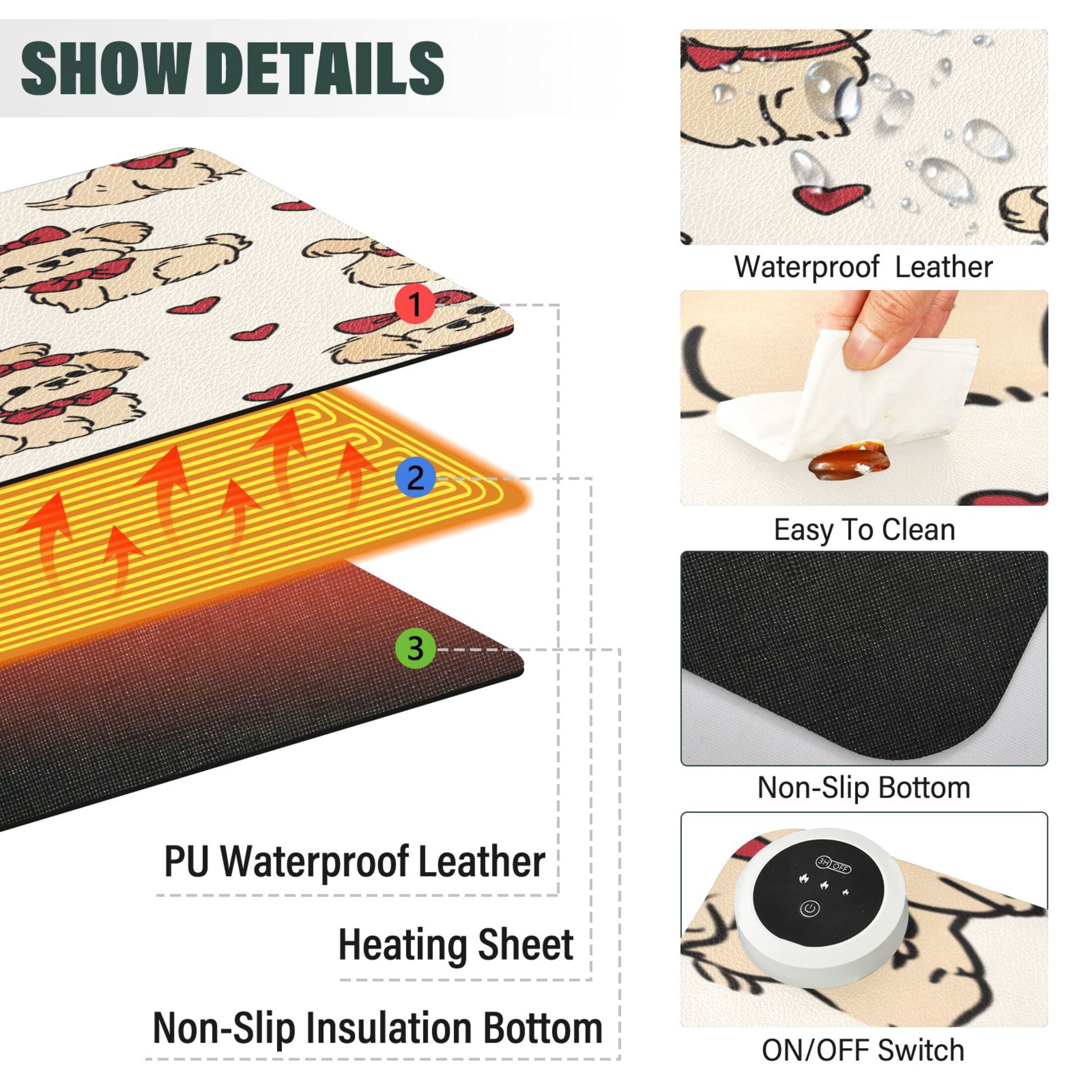 Large Heated Desk Mat Mouse Pad 31.5"x13"PU Leather Graphene Heating Desk Warmer with 3 Temperature Settings 110V US Plug Non-Slip Warm Pad for Home, Office, and Gaming Whimsical Puppy Bow Pattern