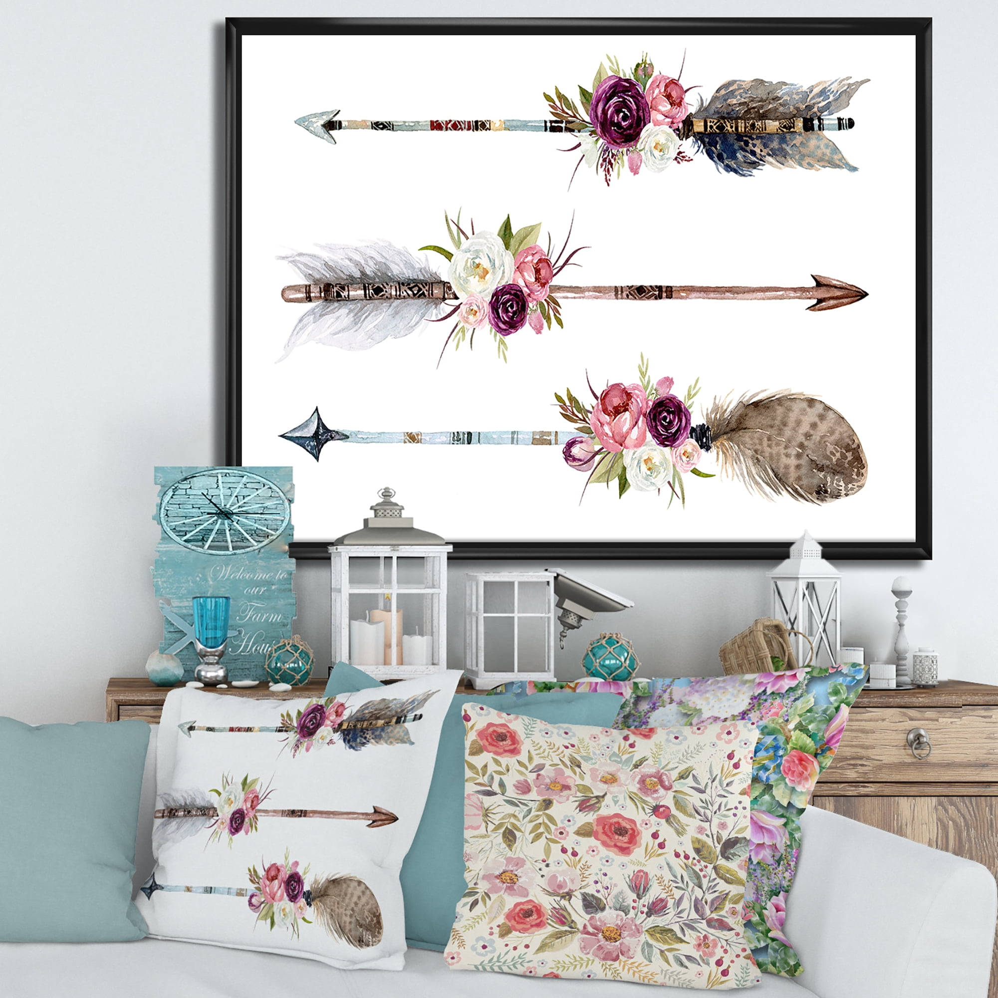 Designart 'Flowers and Ethnic Feathers On Native Arrows III' Bohemian & Eclectic Framed Canvas Wall Art Print